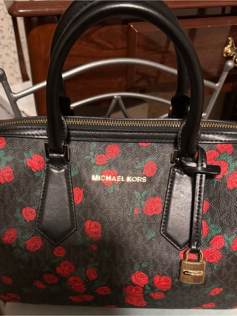 Michael Kors Black Satchel and Wristlet with Red Floral Print